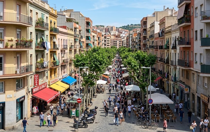 Vista urbana y comercial del barrio de La Salut en Badalona